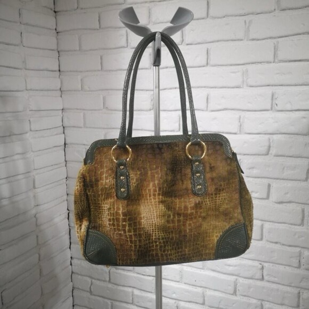 Joan Rivers Classics Green Tan Faux Leather Faux Fur Croc Pattern Handbag